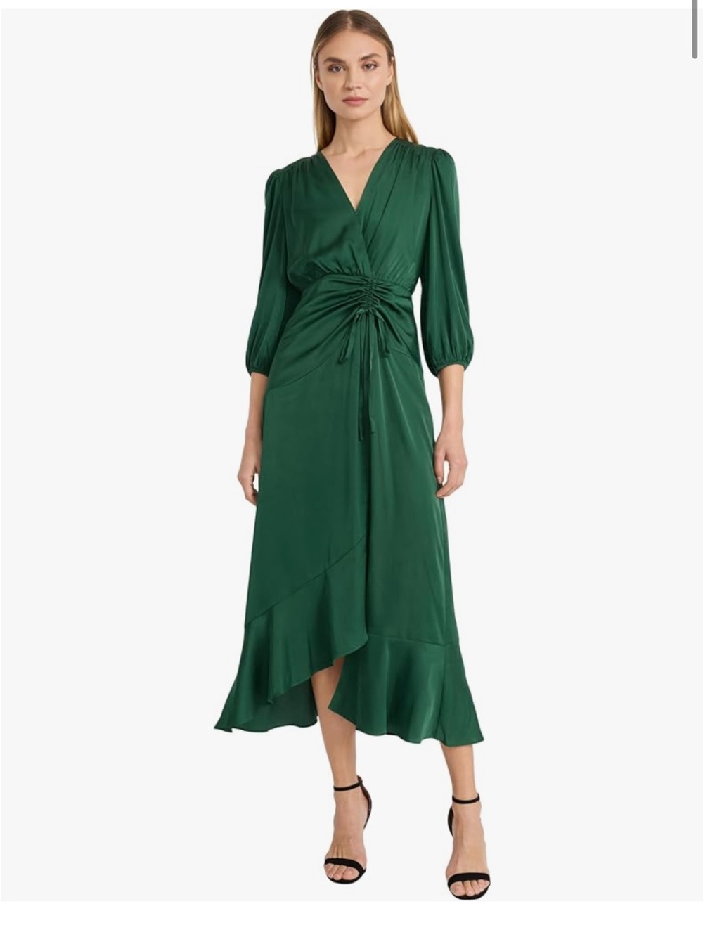 NWT Donna Morgan Emerald Green High-Low Wrap Dress with Ruched Tie